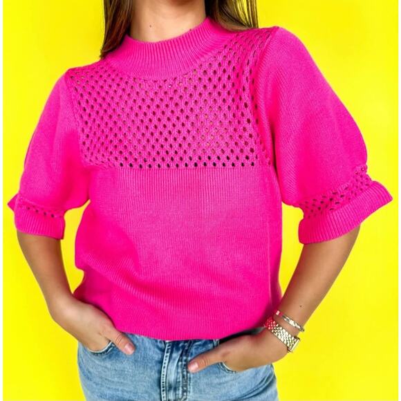 THML sz S pink puff statement blouse see through net accents NWOT bright fun - Picture 2 of 9